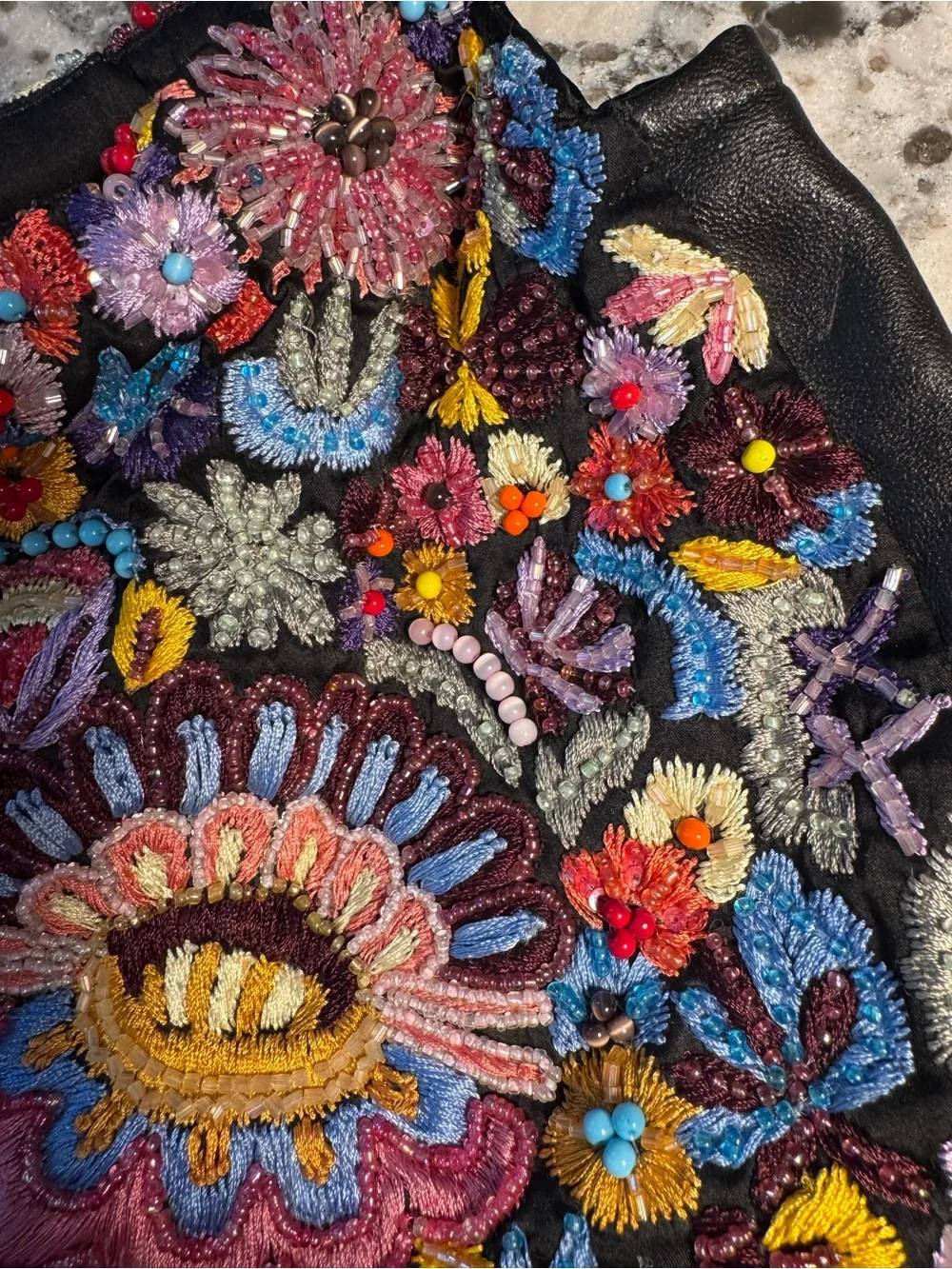 SANTI Black Embroidered Floral Hobo Bag with Multicolor Beading